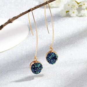 Druzy Charm Long Gold Marquise Earrings Oil Slick